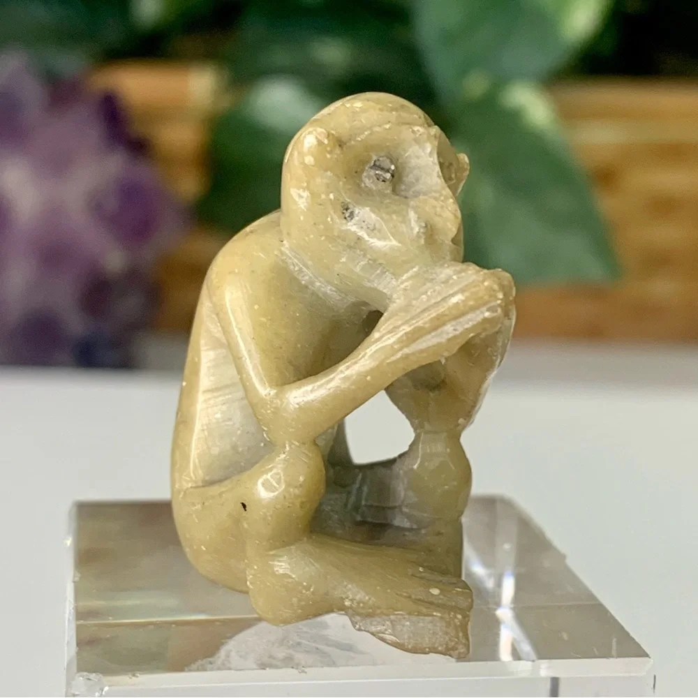 Vintage Soapstone Monkey Figurine Hand Carved Miniature Animal Stone Carving 1.5